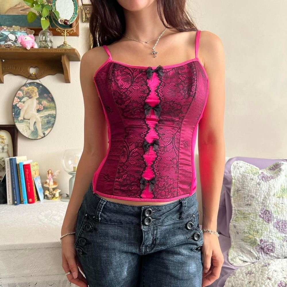 2000s y2k victoria secret hot pink and black lace corset tank top size medium